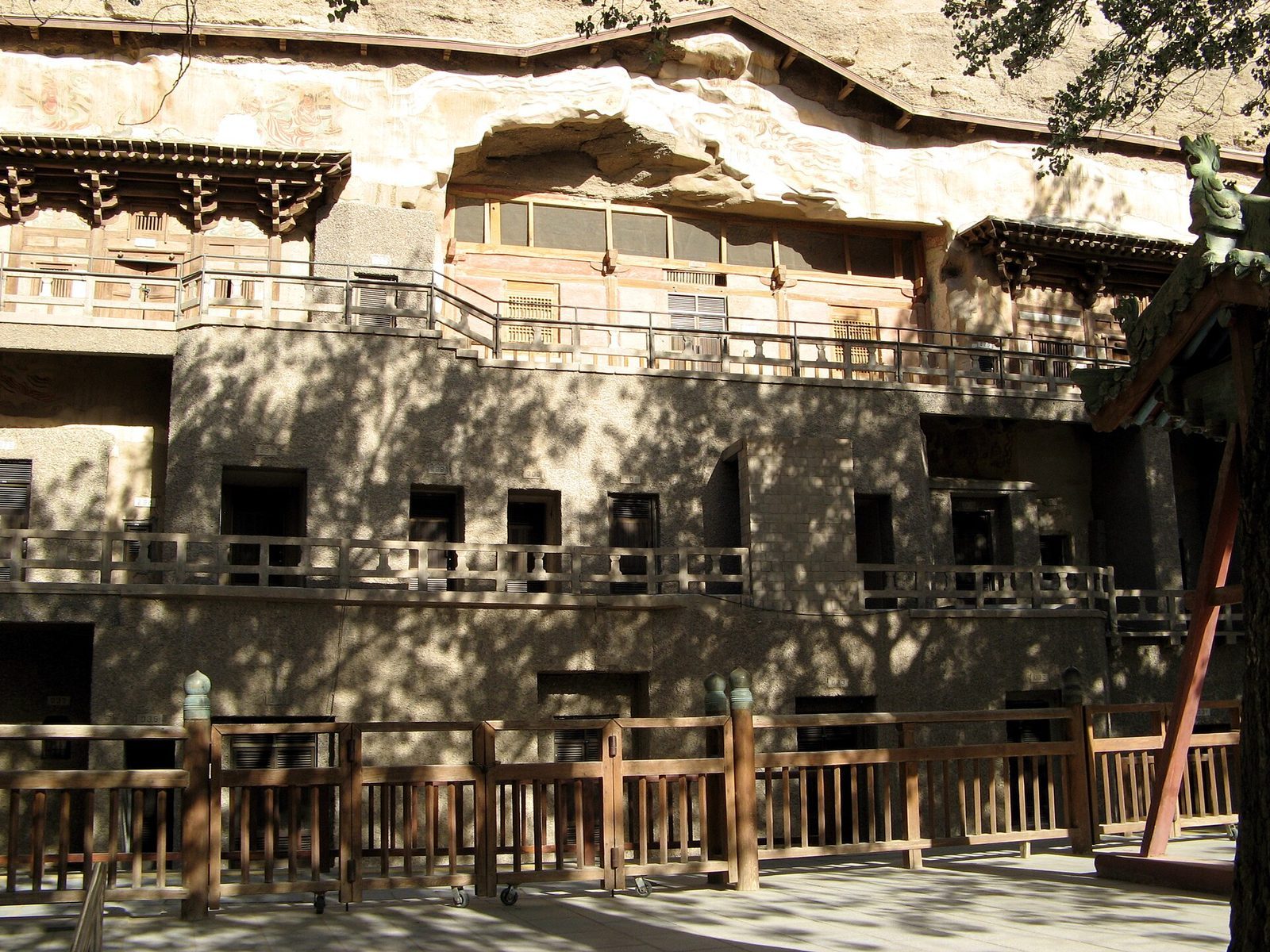 Façade of the Mogao Caves, Dunhuang (near the modern entrance)
The celebrated Mogao grottoes were carved out of the base of the eastern slope of Mingsha mountai