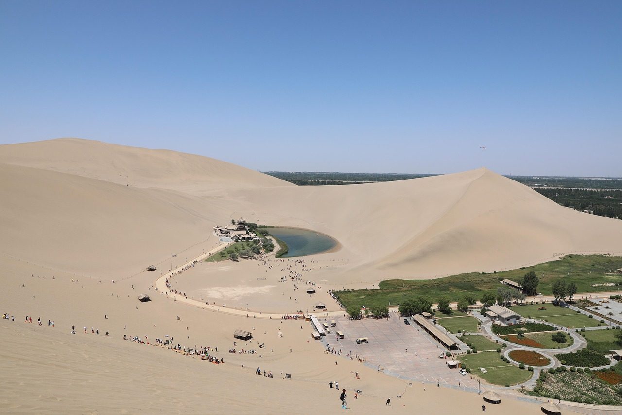 crescent spring desert nature oasis China Gansu Jiuquan