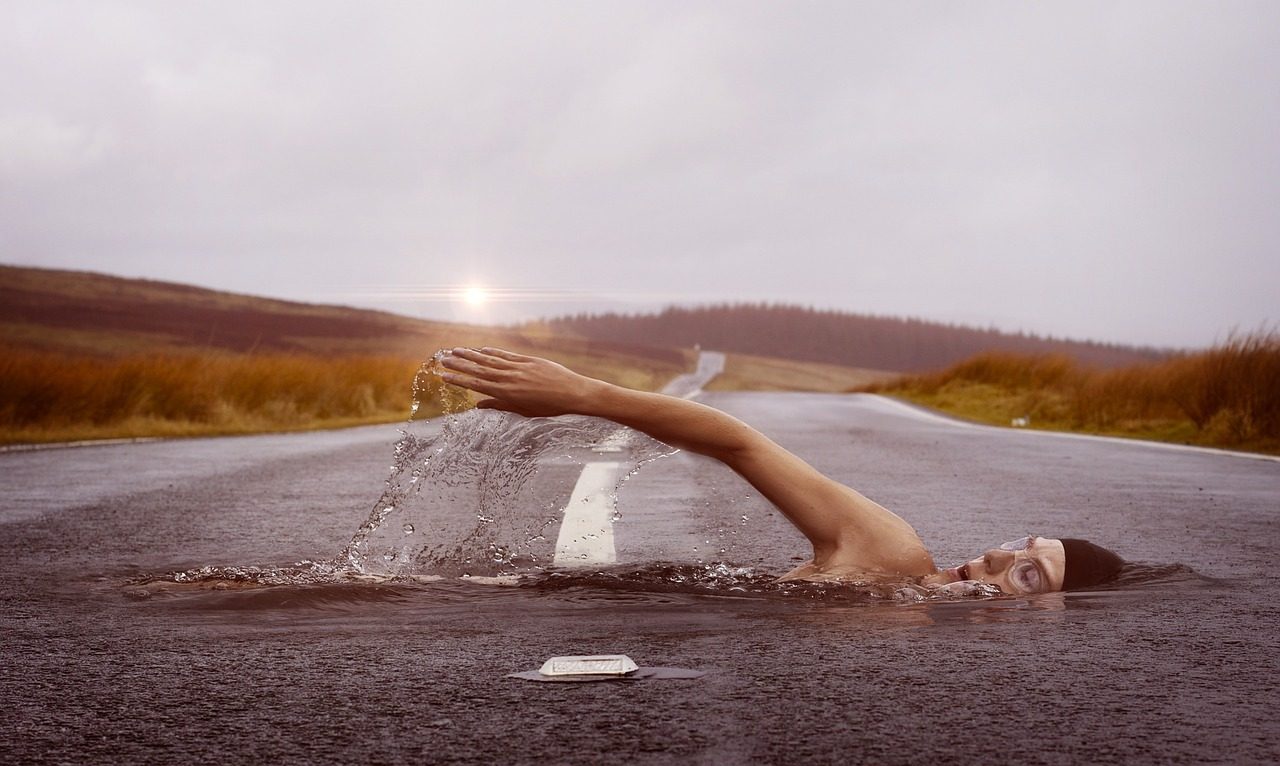 swimmer nature swim road street surreal fantasy sport water dream swim stroke human photomontage photo manipulation