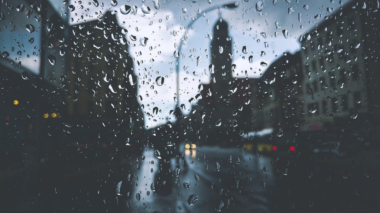 buildings nature droplets drops glass lamppost liquid rain raindrops rainy silhouette water wet window gloomy glass window