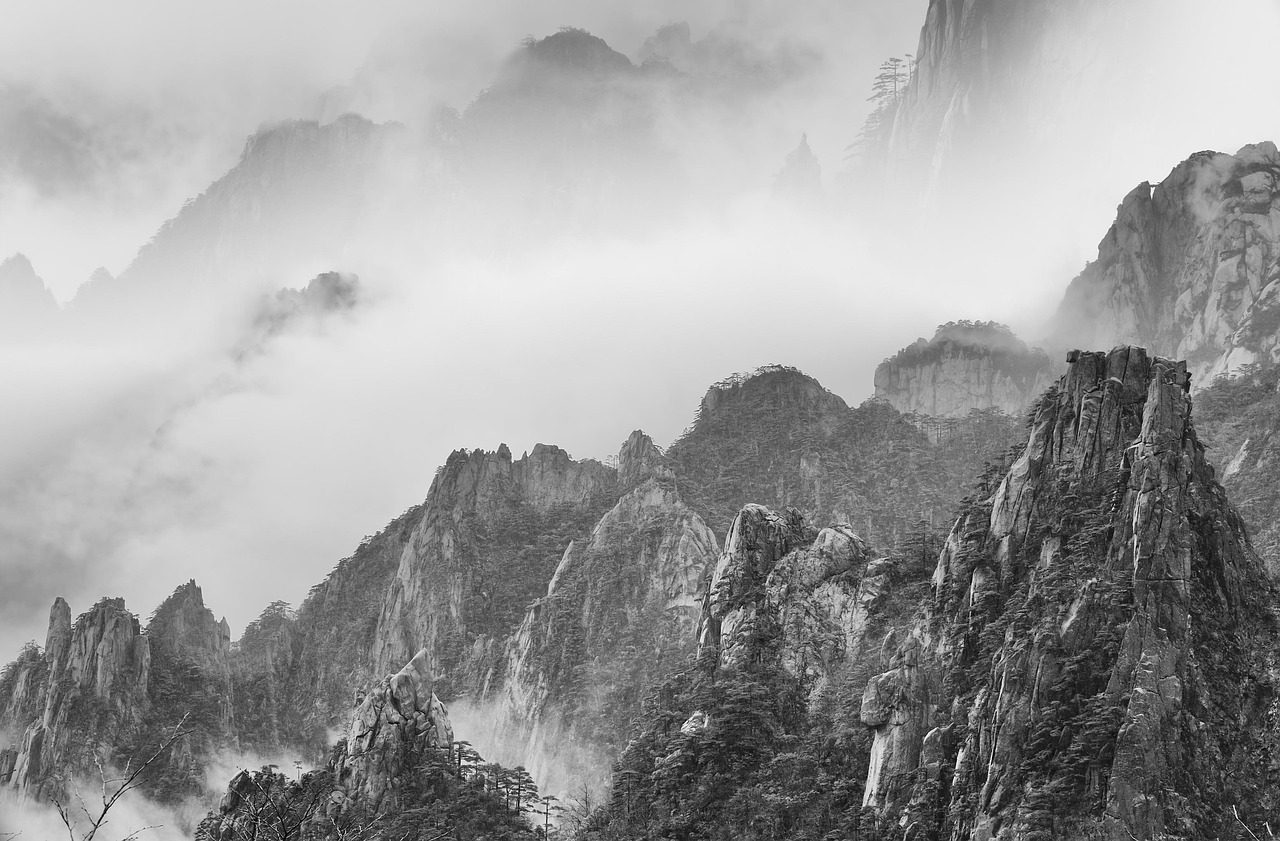 huangshan mountains  cloud  pine  stone  oriental  nature  traditional  chinese  painting  artistic conception  mountain  peak huangshan  sea of clouds  the odd