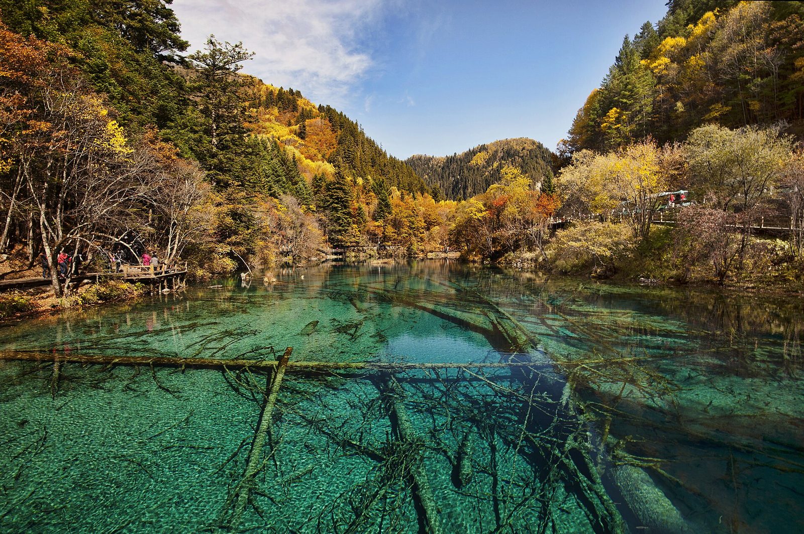 Landscape of Five Flower Lake (pinyin: Wǔhuā Hǎi) in Rize Valley (pinyin: Rìzé Gōu), Jiuzhaigou Valley National Park, Sichuan Province, Western China (2011).